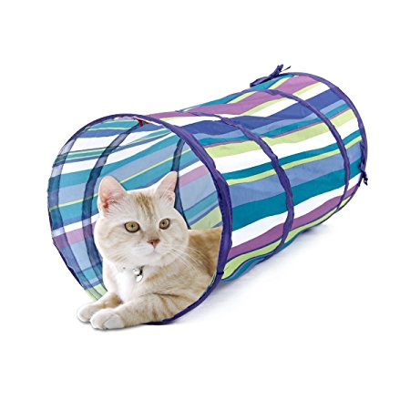 PAWZ Road Pet Cat Tunnel Colorful Stripes, 2 Way Crinkle Kitten Tube Toy Collapsible, Interactive Tunnel For Small Medium and Large Cats, Blue