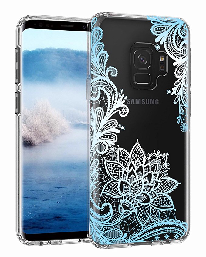 Casetego Galaxy S9 Case, Clear Soft Flexible TPU Case Rubber Silicone Skin with Flowers Floral IMD Printed Back Cover for Samsung Galaxy S9-Blue Flower