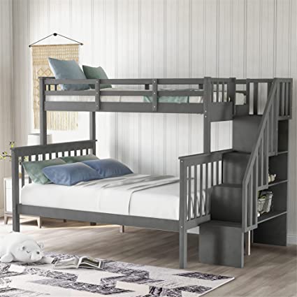 Twin Over Full Bunk Bed with Stairs, Solid Wood Stairway Bunk Bed with Storage and Guard Rail for Kids Teens Adults – Gray