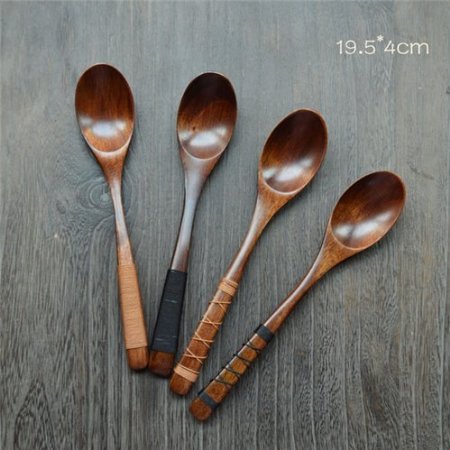 AUCH 4Pcs Handmade Japanese Style Wooden Kids Soup Spoons Natural Wood Rice Serving Tableware Flatware Set with Tied Line on Handle(19.5cm)