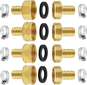 VASLON Garden Hose Repair Kit 1/2" Brass Hose Mender End Repair Female and Male Water Hose Connector with 8 Pieces Stainless Steel Clampa and 4 pcs Washer (4 Set, Three Styles)