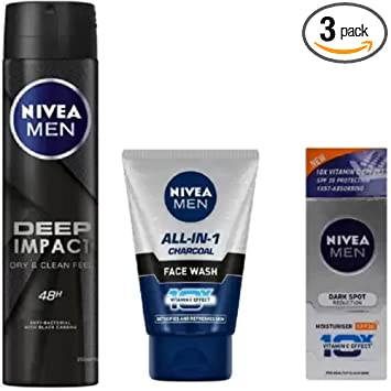 Nivea Men Deep Impact Deo 150ML, All In One Charcoal Face Wash 100 Ml, Dark Spot Reduction Moisturiser 20 ML 277 (3 Items in the set)