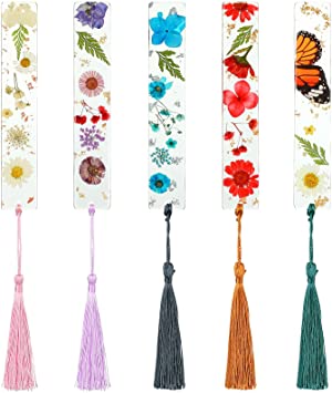 5 Pieces Flower Bookmarks Floral Resin Bookmarks Resin Floral Page Marker Handmade Natural Dried Flower Bookmark with Tassels, Nice Present for Woman, Students, Teacher, Book Lovers