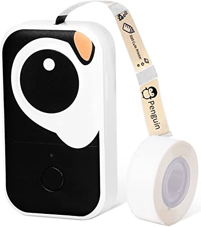 Wireless Label Maker Phomemo Cute D30 Thermal Label Maker-Cute Baby Penguin Design with 12mm White Thermal Label Maker Tape Bluetooth Label Makers -Black