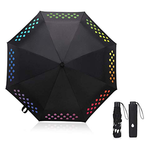 Vicloon Rainbow Droplets Black Compact Folding Colour Changing Umbrella Slip-Proof Handle for Easy Carry