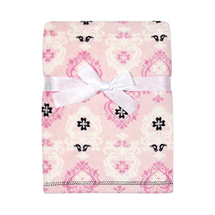 Baby Gear Plush Velboa Ultra Soft Baby Girls Blanket 30 x 40, Pink/White Damask