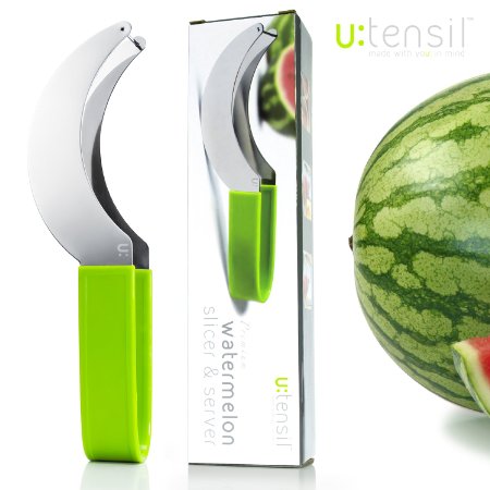 PREMIUM WATERMELON SLICER & SERVER ◉ Cool Cutter Tool & Tongs For Coring & Scooping Nutritional Melon Fruit Meat ◉ Best Stainless Steel Kitchen Gadget Utensil Accessory Or Gift Item As Seen On TV