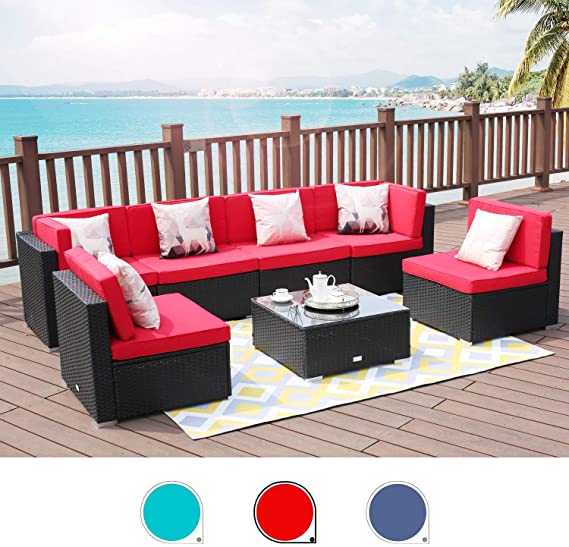 LUCKWIND Patio Conversation Sectional Sofa Chair Table - 7 Piece All-Weather Black Checkered Wicker Rattan Seating Cushion Patio Ottoman Modern Glass Coffee Table Outdoor Accend Pillow 300lbs (RED)