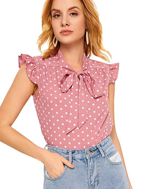 Romwe Women's Casual Short Sleeve Ruffle Bow Tie Blouse Top Shirts