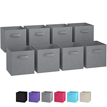 Royexe Set of 8 Foldable Fabric Storage Cubes | Collapsible Cloth Organizer Baskets Containers | Folding Nursery Closet Drawer Bins | Features Dual Handles (Grey)