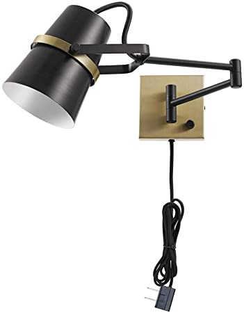 Novogratz x Globe 51345 McKibbin 1-Light Plug-in or Hardwire Swing Arm Wall Sconce, Matte Black, Brass Accents, 6ft Black Woven Fabric Cord, Flat Plug, Rotary On/Off Switch