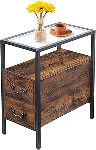 VECELO End Tables, 24" Height Narrow Nightstands Modern Tall Night Stand Shelf for Living Room, Bedroom,Tempered Glass, Double-Drawer, Brown