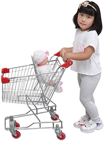 Emmzoe "The Little Shopper" Real Life Kids Mini Retail Grocery Shopping Cart with Doll Seat (Chrome Frame)