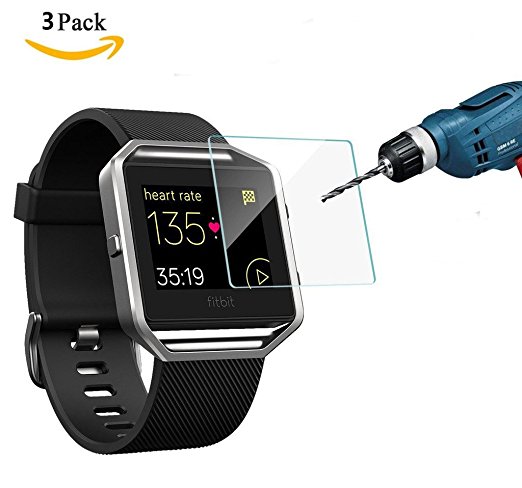 Fitbit Blaze Screen Protector (3 Packs), CAVN Premium HD Clear Tempered Glass Screen Protector for Fitbit Blaze Smart Watch, 9H Hardness Multi-layer Explosion-proof and Anti-Bubble Screen Guard