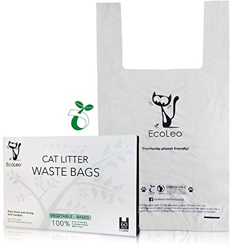 Cat Litter Waste Bags - X-Large, Thick, Compostable, Pet Dog Poop Bags with Easy-Tie Handles, Earth-Friendly, 10 x 17.7 inch, 60 Count - by EcoLeo