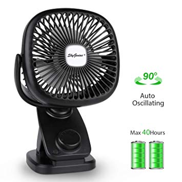 SkyGenius Battery Operated Clip on Stroller Fan, Mini Portable Desk Fan with USB Rechargeable 4400mA Battery, USB Powered Auto Oscillating Fan for Baby Stroller Home Office Outdoor Travel