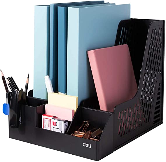 Deli Magazine File Book Holder Desktop Organizer Vertical Folder with Pencil Holder and Storage Baskets for Desk Accessories, 3 Compartments, Black