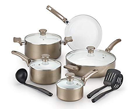 T-fal C991SE Ceramic Chef Cookware Set, 12-Piece, Champagne