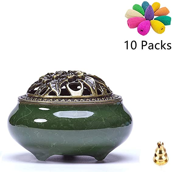 B-COOL Ceramic Incense Burner Censer Living Room Office Decoration Incense Container Temple Hotel Ornament for Use with Cone or Coil Incense-Green
