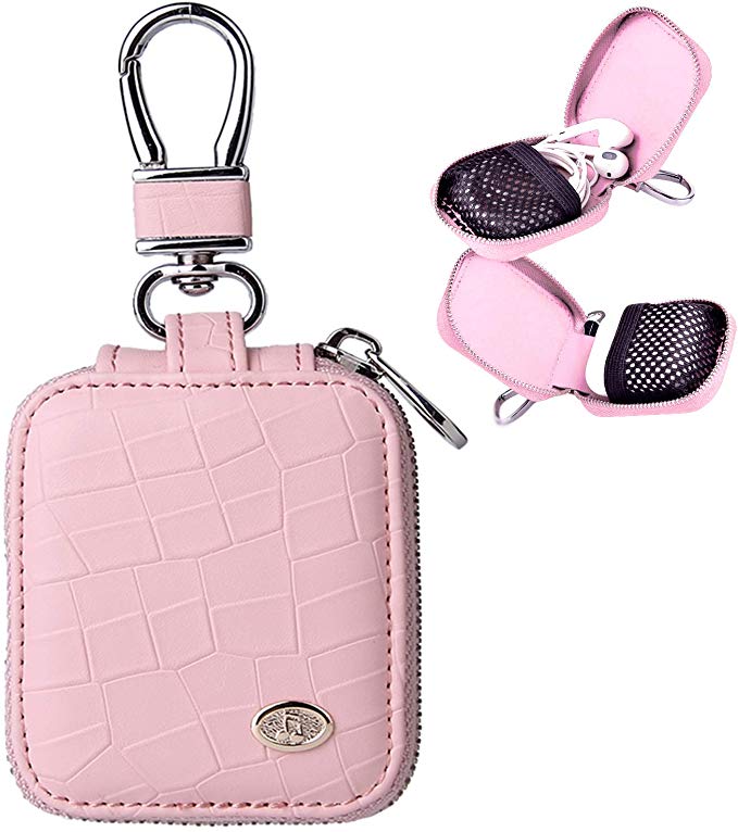 MRPLUM Earbud Carrying Case Small Compatible with AirPods PU Leather Hard Portable Earphone Case Protective Storage Pouch Bag with Mesh Pocket & Keychain for Wireless Headphone USB Cable (Pink)