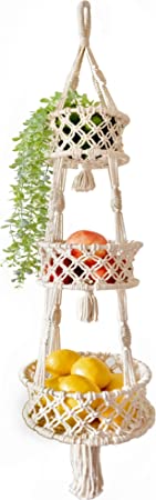 SnugLife Macrame 3 Tier Hanging Basket - Space Saving Hanging Fruit Basket for Kitchen or Decorative Boho Decor Hanging Plant Holder - Use for Produce Baskets, Indoor Planter Hangers, 42 Inches Beige