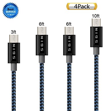 SGIN Micro USB Cable,4Pack 3FT 6FT 6FT 10FT Nylon Braided Charging Cord - Extra Long USB 2.0 Sync and Charge for Android Devices, Samsung Galaxy, Sony, Motorola Nokia,and More(Black Blue)