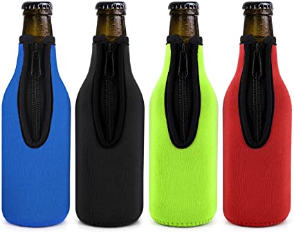 Beer Bottle Insulator Sleeve Pack of 4. Different Color. Zip-up Bottle Jackets. Keeps Beer Cold and Hands Warm. Classic Extra Thick Neoprene with Stitched Fabric Edges, Enclosed Bottom, Perfect Fit