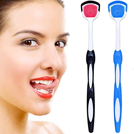 Tongue Brush, Tongue Scraper, Tongue Cleaner Helps Fight Bad Breath, 2 Tongue Scrapers, 2 Pack (Black & Blue)