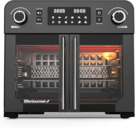 Elite Gourmet EAF9010B All Steel Exterior, 24.5Qt. French Door Air Fryer Convection Countertop Oven, 12" Pizza Extra Large Capacity, Temperature   Timer Controls, Bake, Toast, Broil, Air Fry, Black