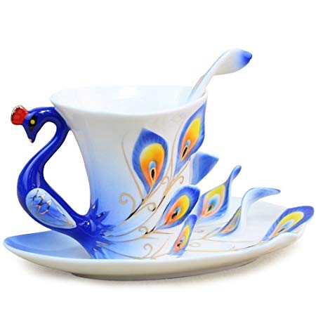 Haoran Peacock Mug Home Art Decoration Ceramic Cup Set for Coffee or Tea with Saucer and Spoon 6 Ounce (Blue)