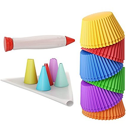 Bakeitfun Silicone Cupcake Liners Set, A Pack Of 12 Standard Reusable Non-Stick Baking Cups In 6 Colors, Piping Bag, Decorating Tips And Decoration Pen, And German Food Grade Materials