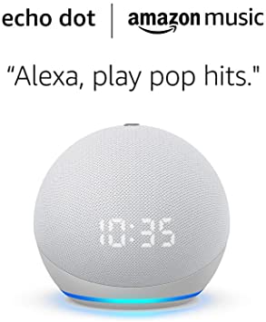 All-new Echo Dot w/clock (4th Gen) and 6 months of Amazon Music Unlimited FREE w/ auto-renewal - Glacier White