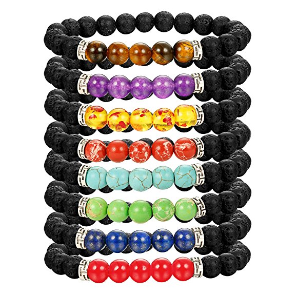 LOLIAS 8 Pack Bead Gemstone Bracelet for Men Women Natural Stone Diffuser Bracelet Stretch Yoga Bracelets