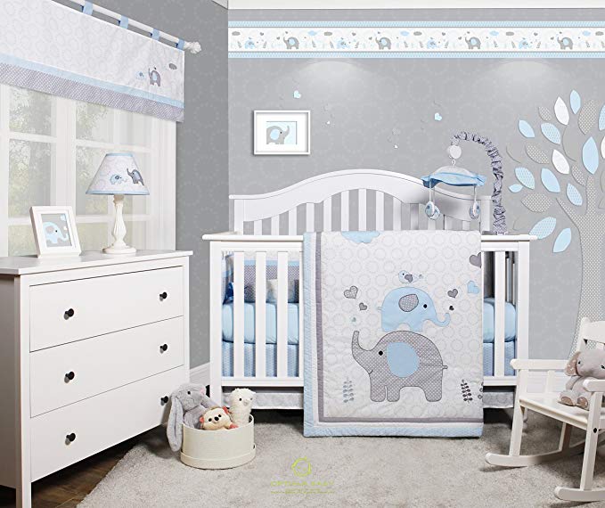 GEENNY OptimaBaby Blue Grey Elephant 6 Piece Baby Nursery Crib Bedding Set