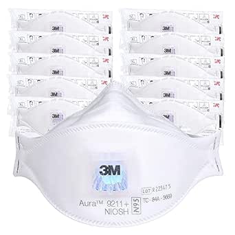 3M Aura Particulate Respirator 9211 , N95, Pack of 10 Disposable Respirators, Individually Wrapped, Cool Flow Valve, Flat Fold Design Allows for Facial Movement, NIOSH Approved, Comfort Plus, Dust