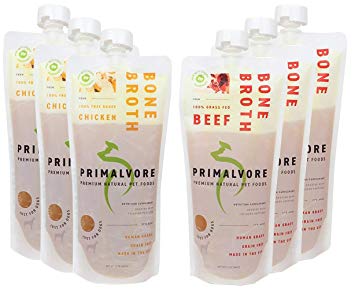 Primalvore: Organic Bone Broth for Dogs & Cats (12 Oz) - Grass Fed Beef or Free Range Chicken Flavors - Human Grade - Support Digestion, Mobility, Shiny Coat & Nails - Added Collagen & Turmeric