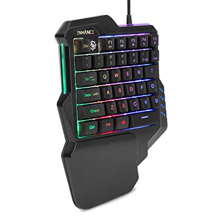 ENHANCE One Handed Keyboard Mini Gaming Keypad - 7 Color LED Backlit, Programmable Keys, Ergonomic Wrist Pad and Braided USB Cable - Great for Esports FPS & Action Games