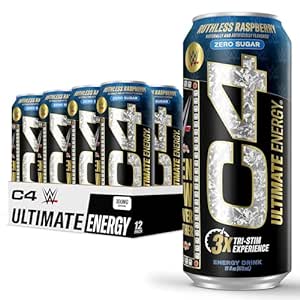 C4 Ultimate x WWE | Pre Workout Sugar Free Energy Drink | Tri-Stim Experience with 300mg Caffeine   TeaCrine   Dynamine | Ruthless Raspberry | 16oz (Pack of 12)