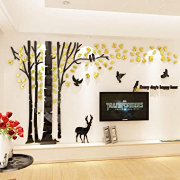 Unitendo Acrylic 3D Tree Wall Stickers Large Wall Decal Easy to Install &Apply DIY Decor Sticker Home Art Decor, Forest and Deer with Gold Leaves.