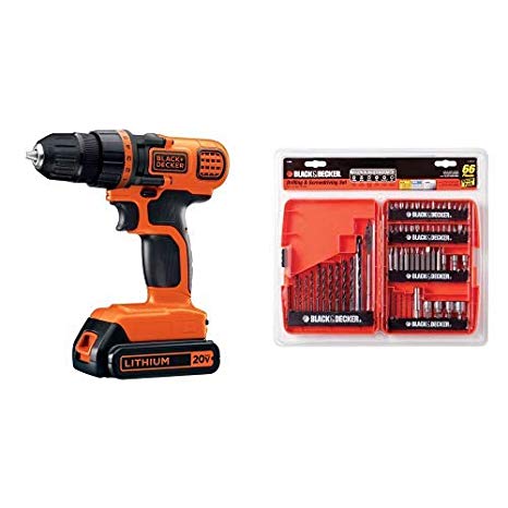 BLACK DECKER LDX120C 20V MAX Lithium Ion Drill / Driver with BLACK DECKER 71-966 Drilling and Screwdriving Set, 66-Piece Bit Set