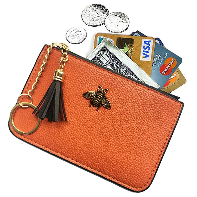AnnabelZ Women's Coin Purse Change Wallet Pouch Leather Card Holder with Key Chain Tassel Zip (Orange)