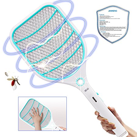 Bug Zapper Racket,Electric Fly Swatter,Fly Killer and Mosquito Swatter - USB Charging - 3000 Volt - Bright LED Light - Unique 3-Layer Safety Mesh Safe