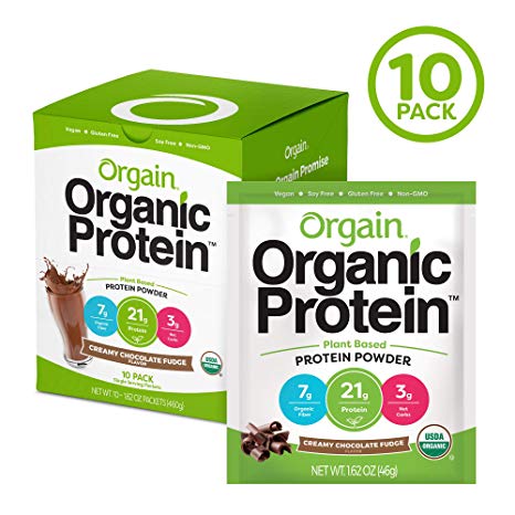 Orgain Organic Plant Based Protein Powder Travel Pack, Creamy Chocolate Fudge - Vegan, Low Net Carbs, Non Dairy, Gluten Free, Lactose Free, No Sugar Added, Soy Free, Kosher, Non-GMO, 10 Count