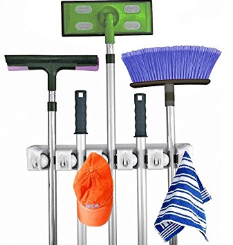WOOSAL Home Kitchen Plastic Mops and Brooms Rack with 5 Position Slots and 6 Hooks