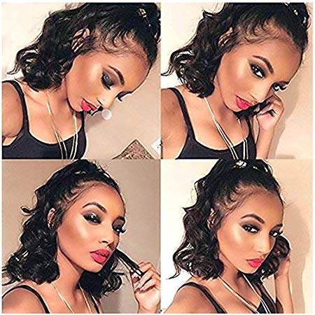 12" Full Lace Human Hair Wig Glueless Brazilian Remy Virgin Short BOB Human Hair Lace Wigs with Pre Plucked Hairline BeliHair 130% Density Free Part Body Wave Wigs Bleached Knots for Black Women