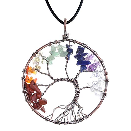 Jovivi Vintage Bronze Tree of Life Pendant 7 Chakra Crystals Tumbled Gemstone Wire Wrapped Necklace Choker for Women Girls Jewellery