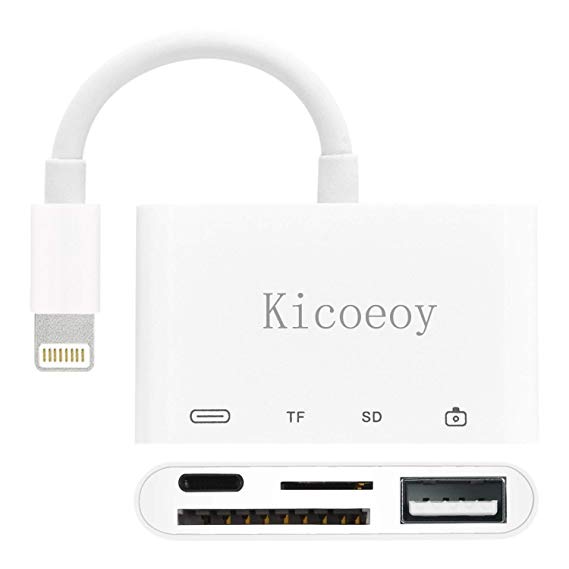 Kicoeoy SD USB Card Camera Adapter, 4 in 1 SD/TF/Trail Game Camera Card Viewer Reader, USB OTG Adapter Cable Compatible with iPhone xs/x/8/7Plus/7s/6/5/iPad, Plug and Play