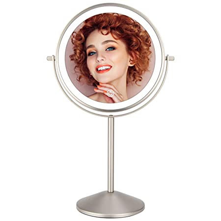 Rechargeable Lighted Makeup Mirror, 8 Inch Double Sided Makeup Vanity Mirror with 3 Colors Lighting, 10X Magnifying Mirror, Touch Sensor Dimming, Tabletop Round Cosmetic Light Up Mirror (Nickel)