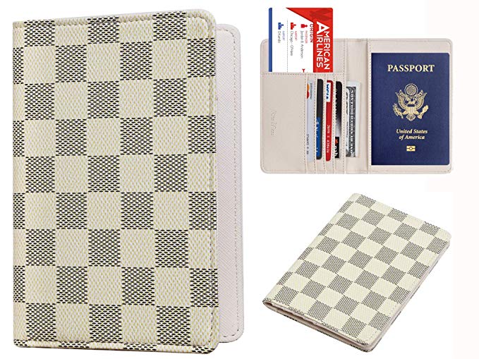 Rita Messi Luxury Passport Holder Cover Case Checkerboard PU Vegan Leather RFID Blocking Travel Organizer Card Holder(Olivia)