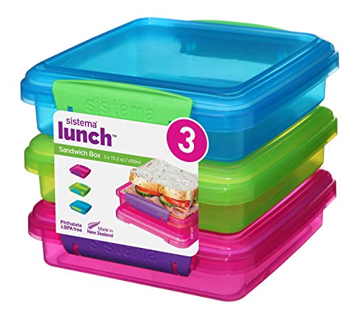 Sistema Lunch Collection Sandwich Box Food Storage Containers, 15.2 Ounce Rectangle, Assorted Solid Colors, 3 Pack